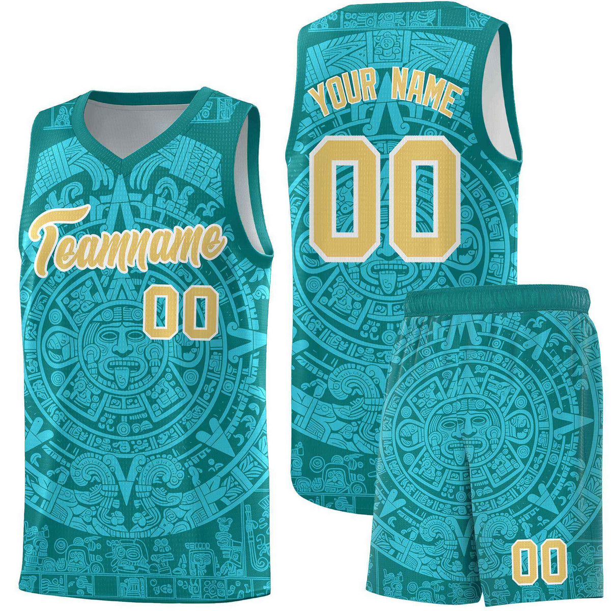 Custom Youth Basketball Jerseys Aqua Aztec Sun Stone Personalized Uniform
