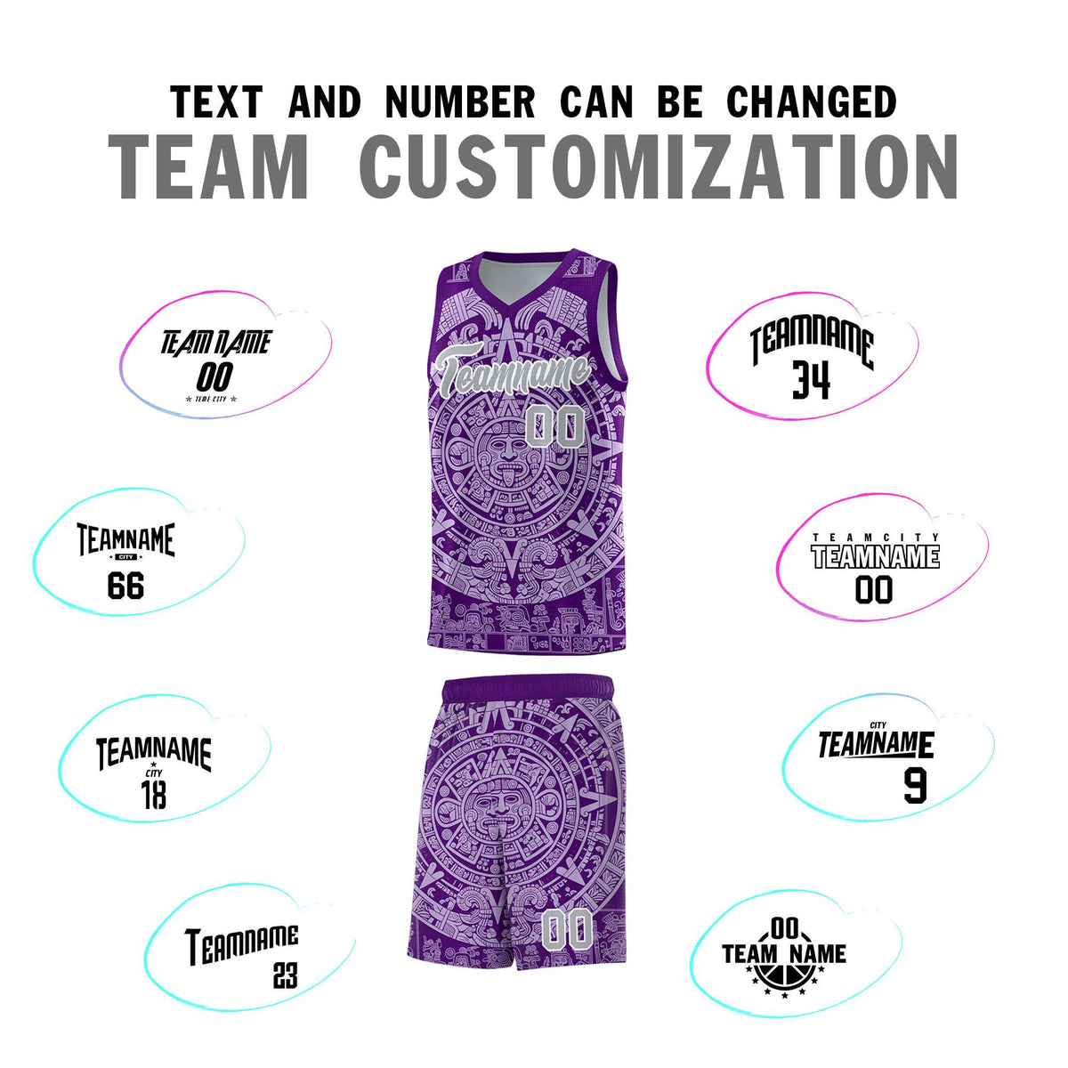 Custom Youth Basketball Jerseys Light Purple Aztec Sun Stone Pattern Custom Team Set