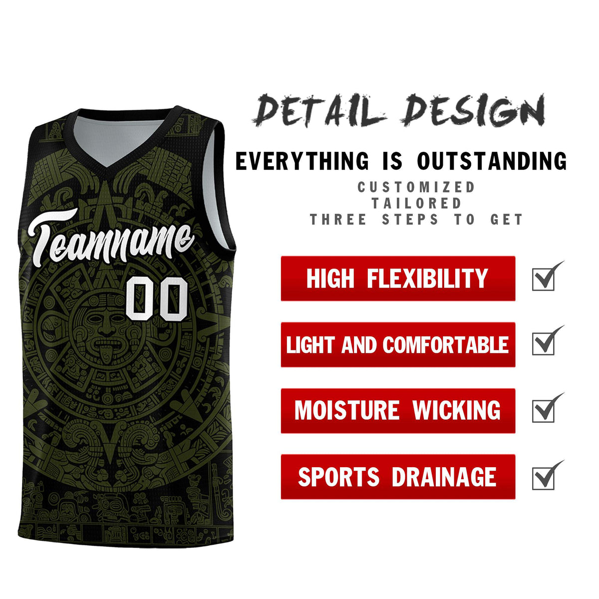 Custom Youth Basketball Jerseys Olive Aztec Sun Stone Pattern Custom Team Set