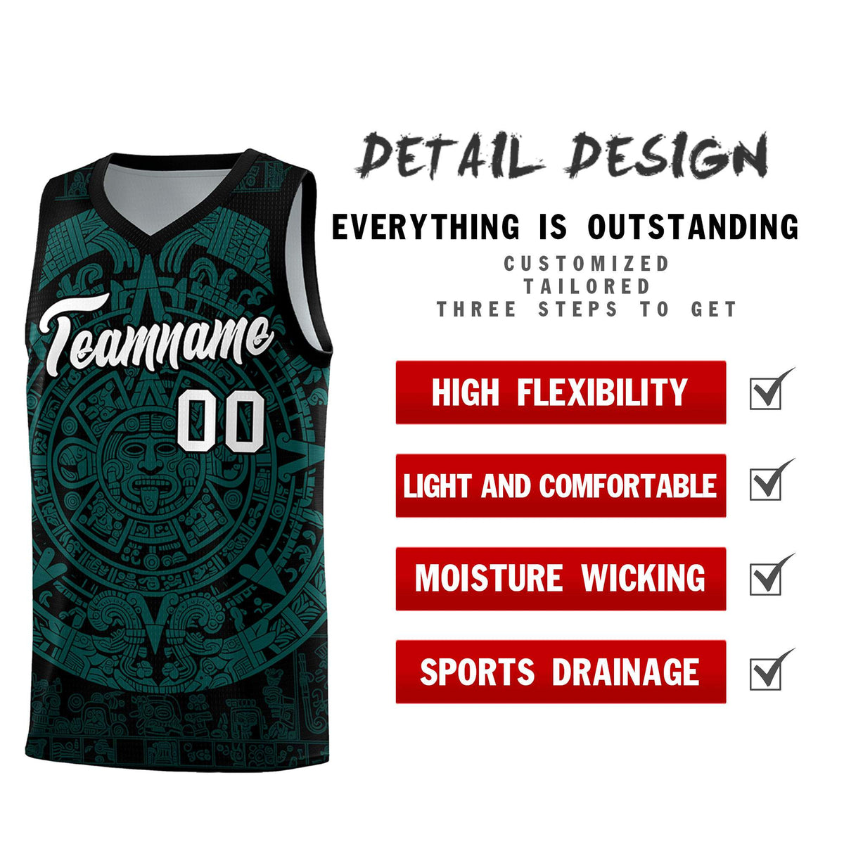 Custom Youth Basketball Jerseys Teal Aztec Sun Stone Design Team Uniform