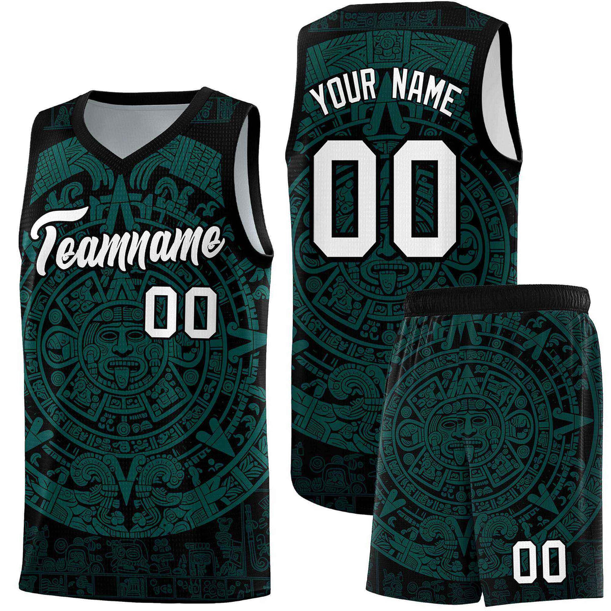 Custom Youth Basketball Jerseys Teal Aztec Sun Stone Design Team Uniform