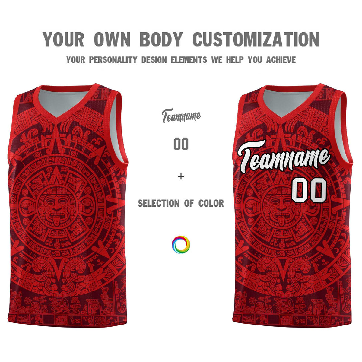 Custom Youth Basketball Jerseys Red Aztec Sun Stone Pattern Custom Team Set