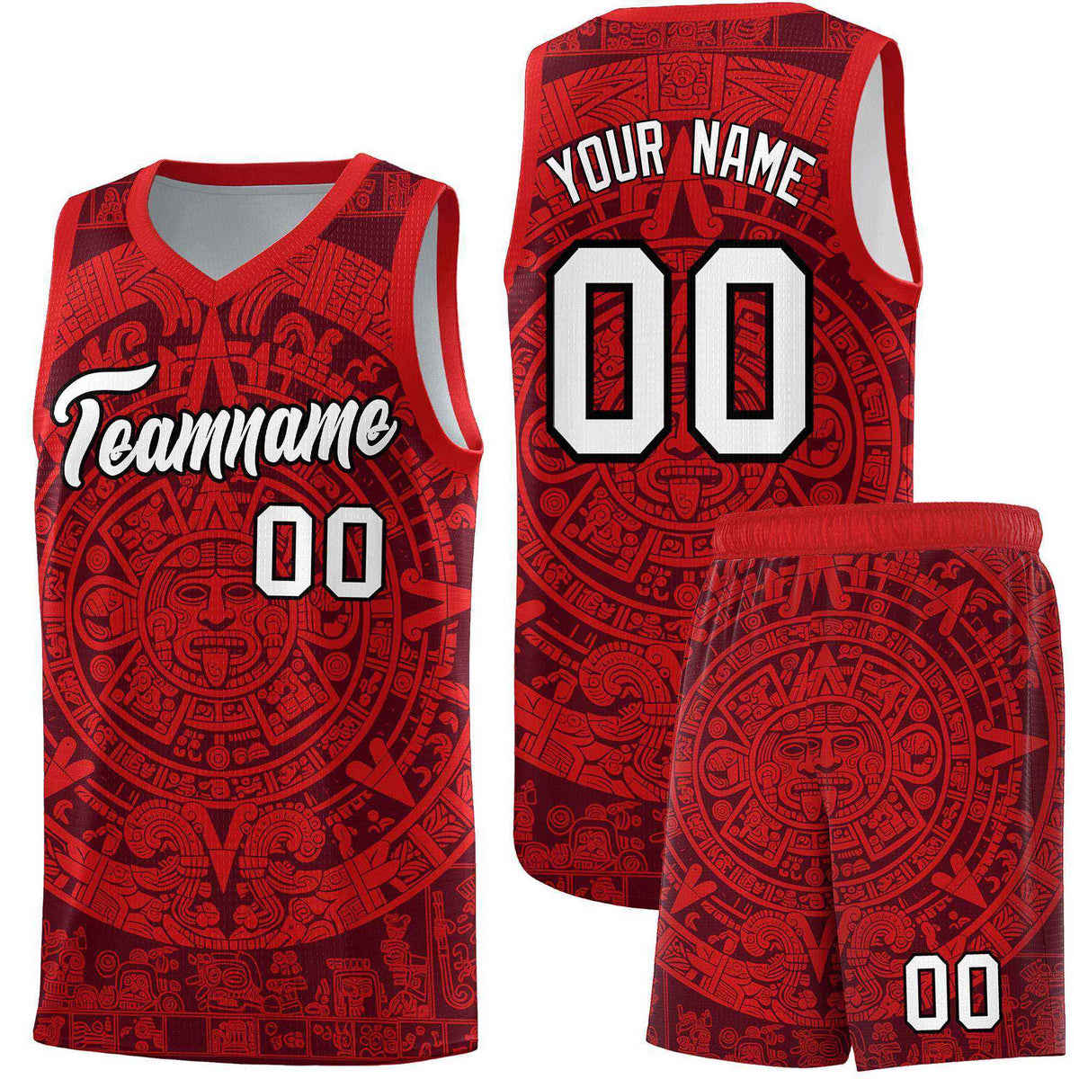 Custom Youth Basketball Jerseys Red Aztec Sun Stone Pattern Custom Team Set