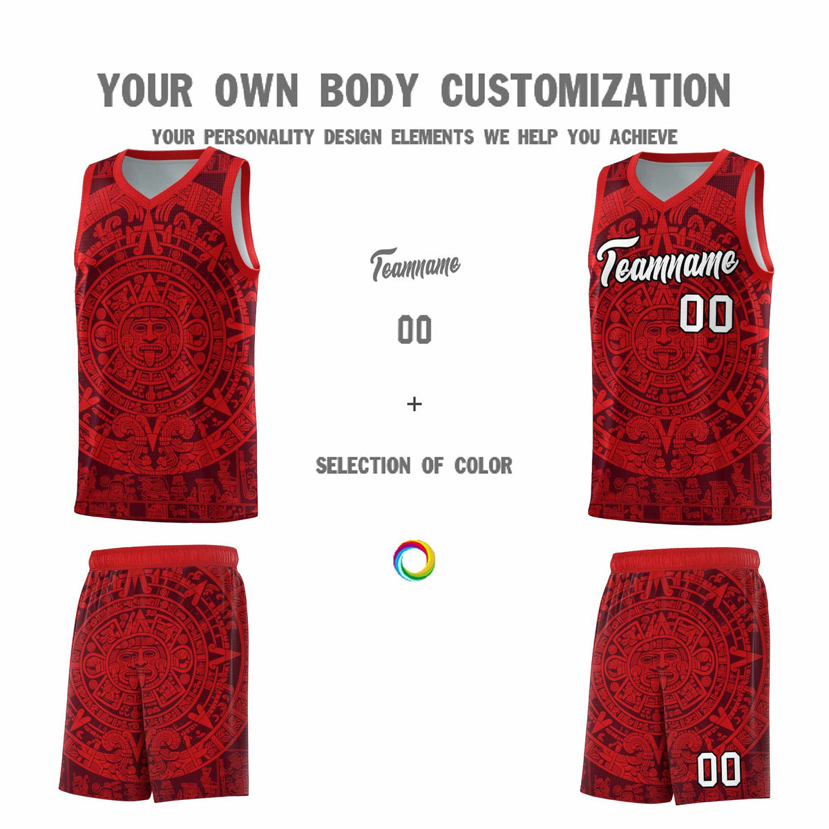Custom Youth Basketball Jerseys Red Aztec Sun Stone Pattern Custom Team Set
