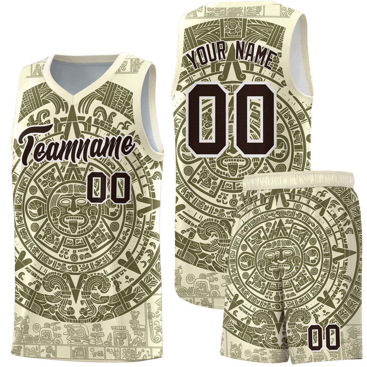 Custom Youth Basketball Jerseys Olive Aztec Sun Stone Personalized Uniform