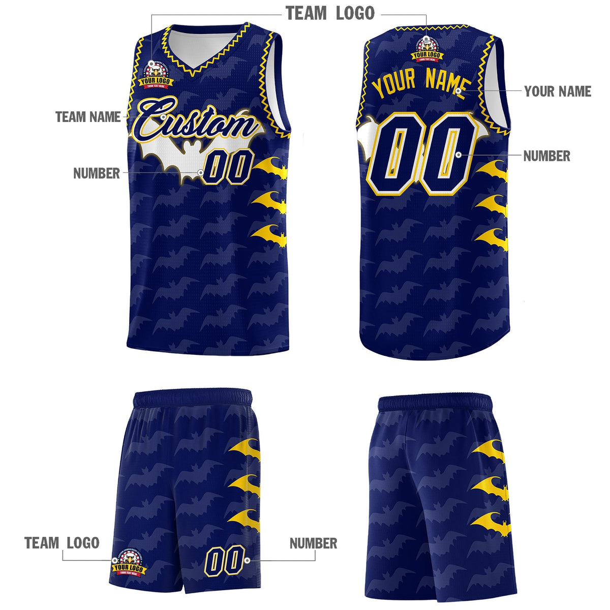 Custom Navy Gold Bat Pattern Halloween Basketball Jersey | For Men,For Kid,For Youth,Sublimation Printed,Perfect for Training,Perfect for Parties,Add Name and Numbern | KXKSHOP