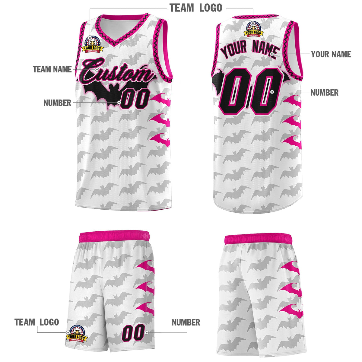 Custom White Pink Black Bat Pattern Halloween Basketball Jersey | For Men,For Kid,For Youth,Sublimation Printed,Perfect for Training,Perfect for Parties,Add Name and Numbern | KXKSHOP