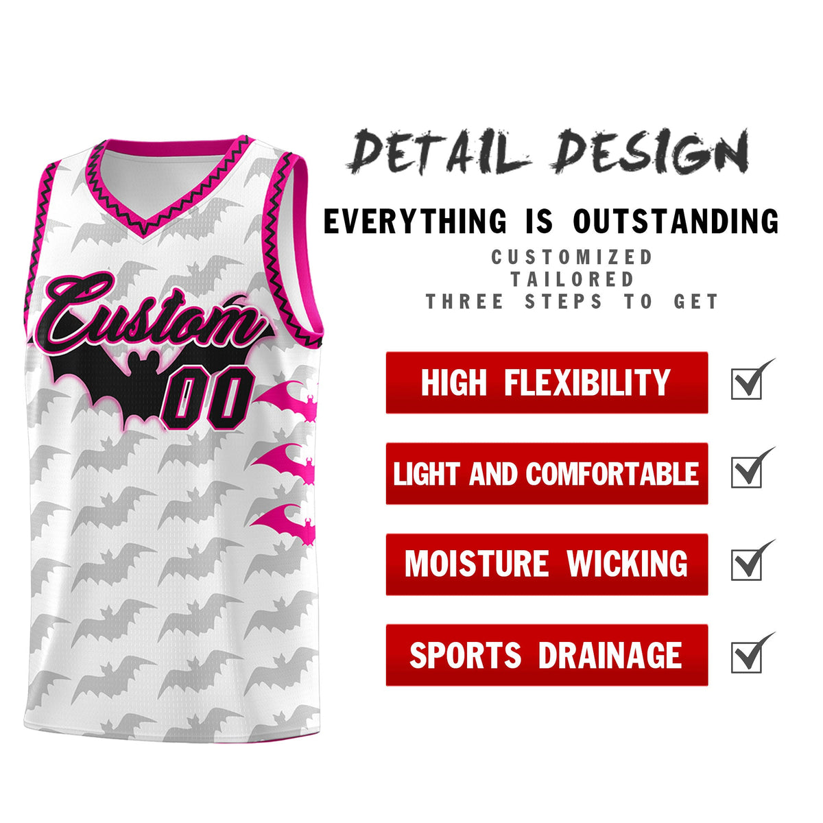 Custom White Pink Black Bat Pattern Halloween Basketball Jersey | For Men,For Kid,For Youth,Sublimation Printed,Perfect for Training,Perfect for Parties,Add Name and Numbern | KXKSHOP