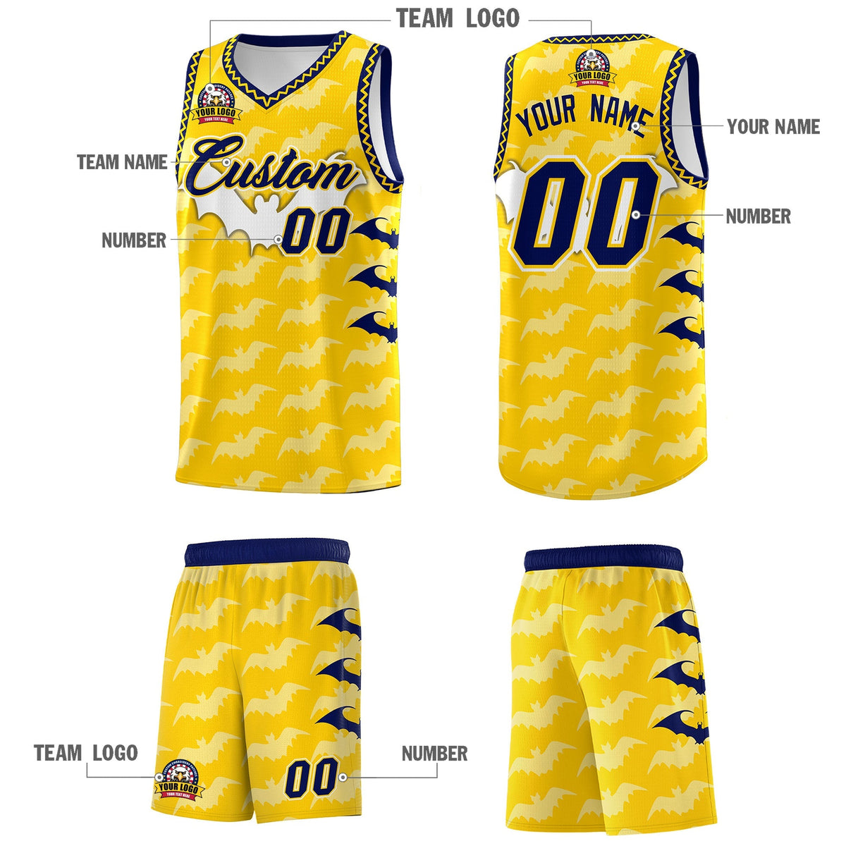 Custom Gold White Navy Bat Pattern Halloween Basketball Jersey | For Men,For Kid,For Youth,Sublimation Printed,Perfect for Training,Perfect for Parties,Add Name and Numbern | KXKSHOP