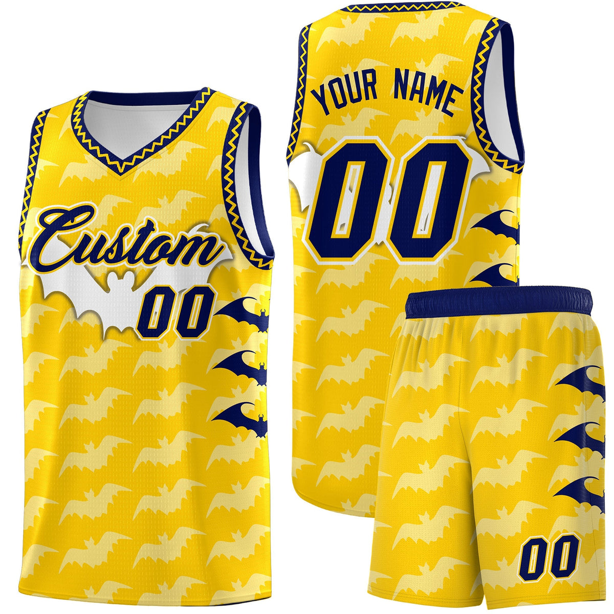 Custom Gold White Navy Bat Pattern Halloween Basketball Jersey | For Men,For Kid,For Youth,Sublimation Printed,Perfect for Training,Perfect for Parties,Add Name and Numbern | KXKSHOP