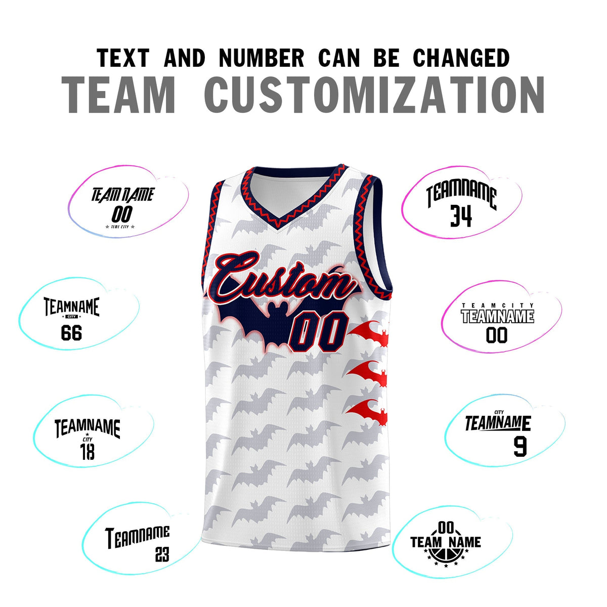 Custom White Red Navy Bat Pattern Halloween Basketball Jersey | For Men,For Kid,For Youth,Sublimation Printed,Perfect for Training,Perfect for Parties,Add Name and Numbern | KXKSHOP