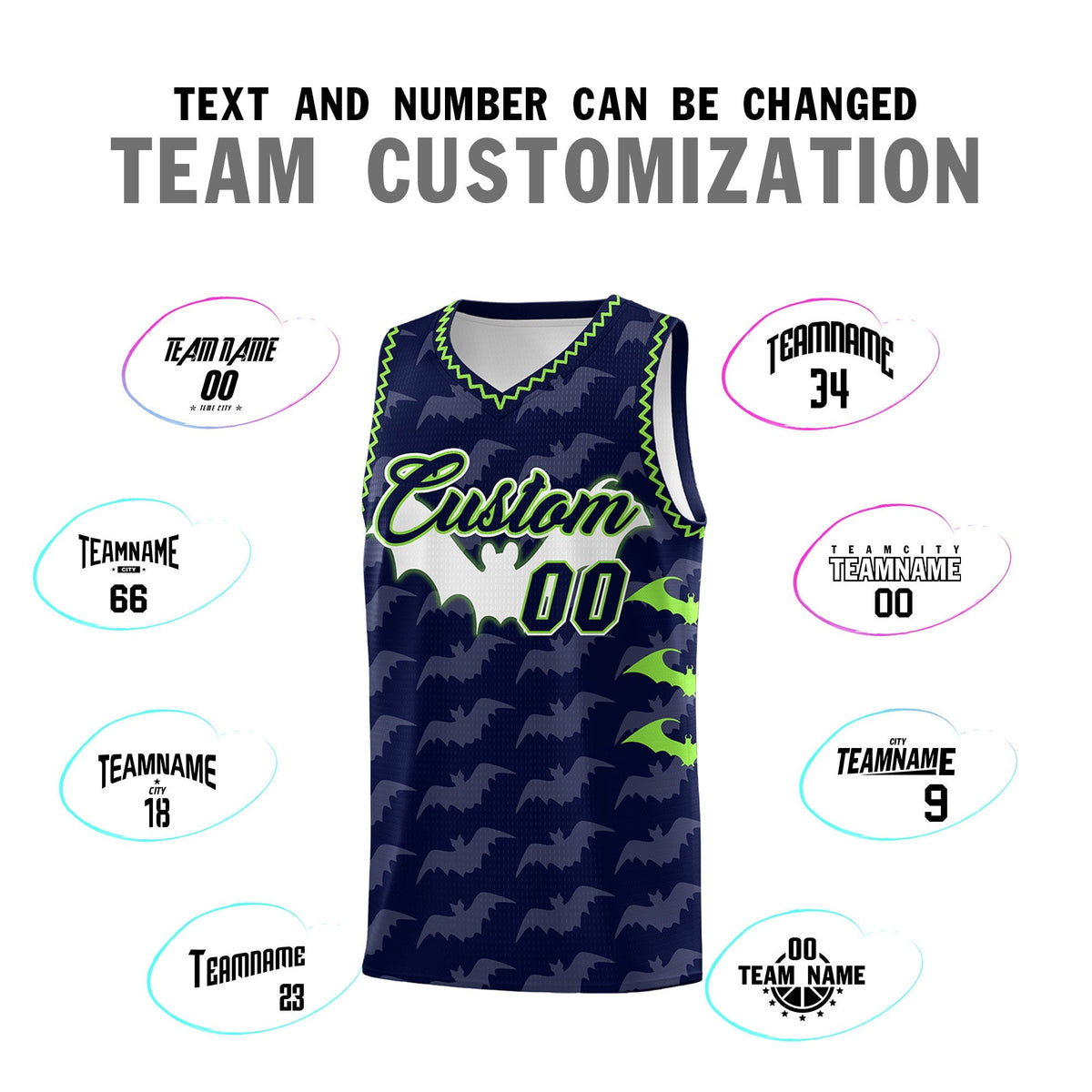 Custom Navy Fluorescent Green Bat Pattern Halloween Basketball Jersey | For Men,For Kid,For Youth,Sublimation Printed,Perfect for Training,Perfect for Parties,Add Name and Numbern | KXKSHOP