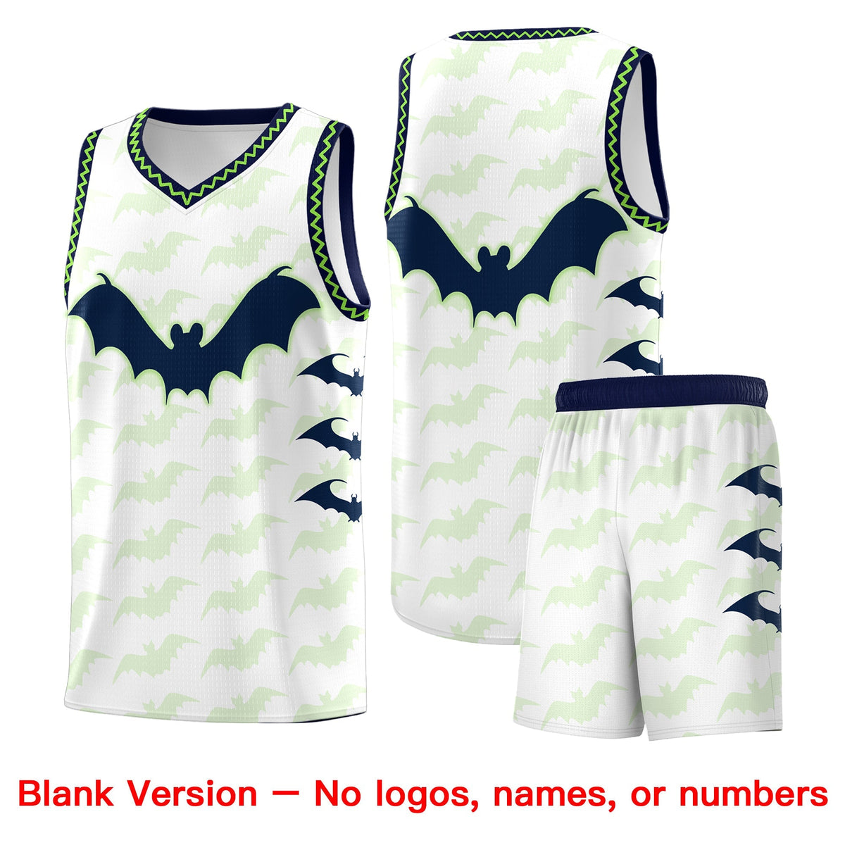 Custom White Fluorescent Green Navy Bat Pattern Halloween Basketball Jersey | For Men,For Kid,For Youth,Sublimation Printed,Perfect for Training,Perfect for Parties,Add Name and Numbern | KXKSHOP