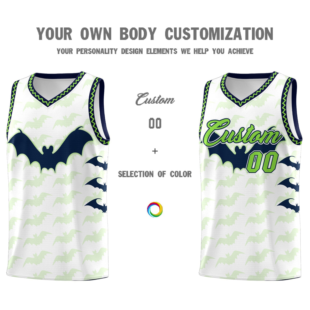 Custom White Fluorescent Green Navy Bat Pattern Halloween Basketball Jersey | For Men,For Kid,For Youth,Sublimation Printed,Perfect for Training,Perfect for Parties,Add Name and Numbern | KXKSHOP