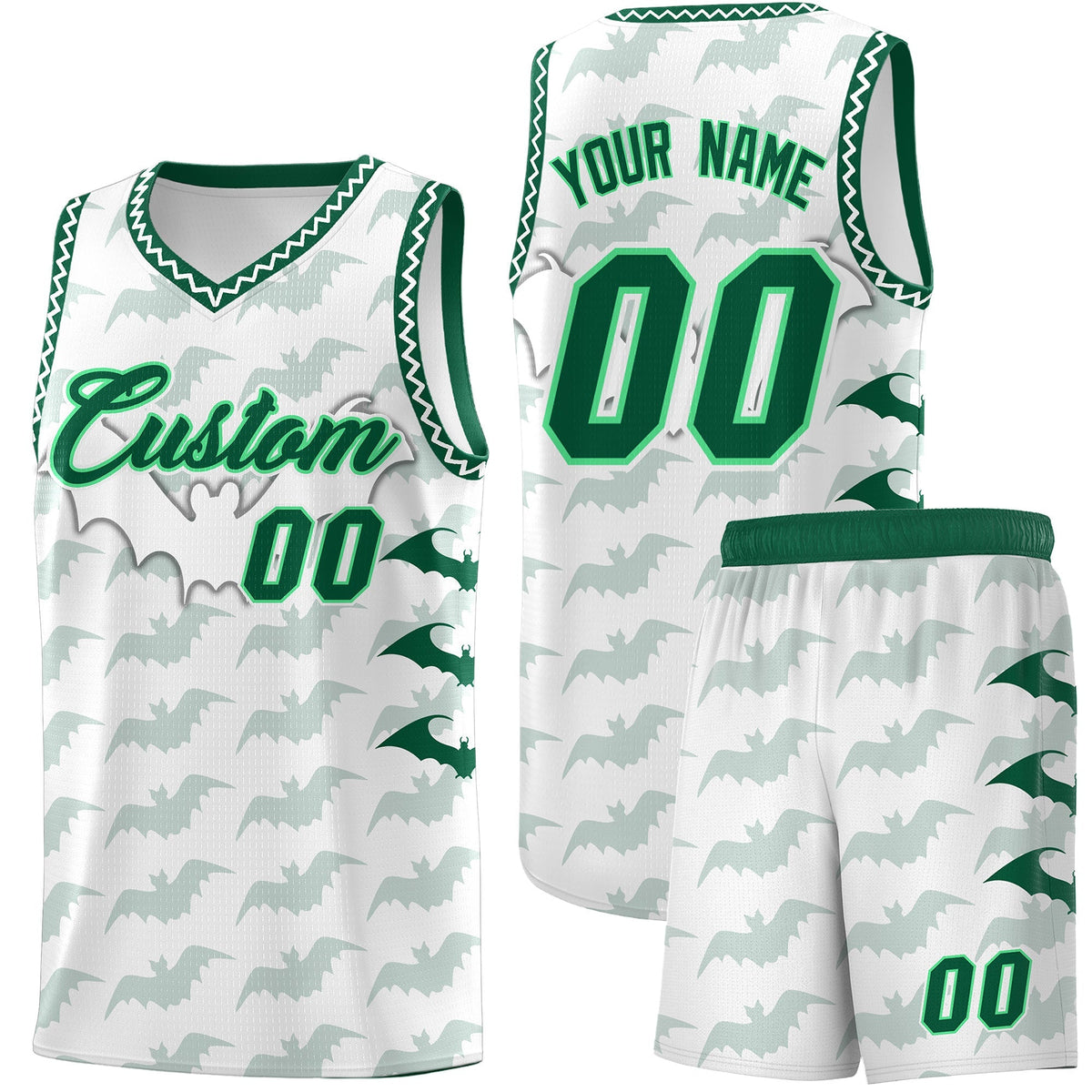 Custom White Kelly Green Bat Pattern Halloween Basketball Jersey | For Men,For Kid,For Youth,Sublimation Printed,Perfect for Training,Perfect for Parties,Add Name and Numbern | KXKSHOP