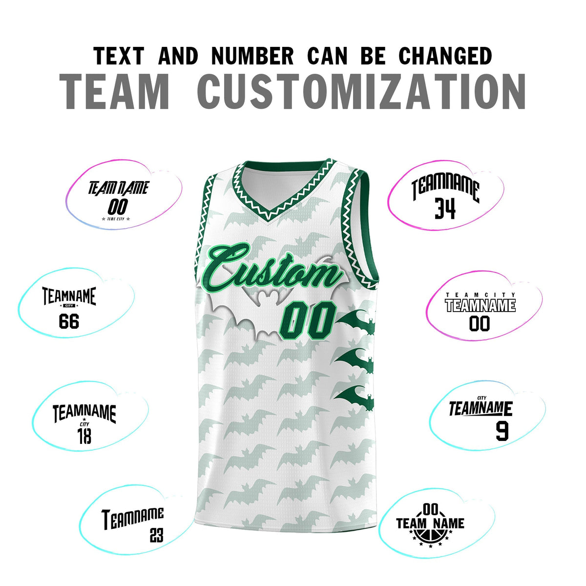 Custom White Kelly Green Bat Pattern Halloween Basketball Jersey | For Men,For Kid,For Youth,Sublimation Printed,Perfect for Training,Perfect for Parties,Add Name and Numbern | KXKSHOP