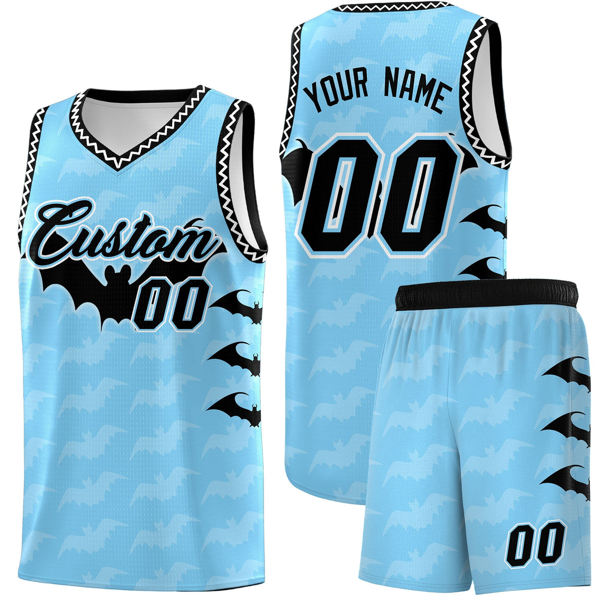 Custom Light Blue White Black Bat Pattern Halloween Basketball Jersey | For Men,For Kid,For Youth,Sublimation Printed,Perfect for Training,Perfect for Parties,Add Name and Numbern | KXKSHOP