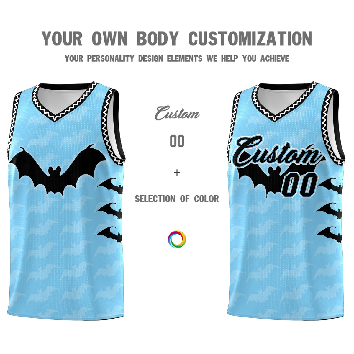 Custom Light Blue White Black Bat Pattern Halloween Basketball Jersey | For Men,For Kid,For Youth,Sublimation Printed,Perfect for Training,Perfect for Parties,Add Name and Numbern | KXKSHOP