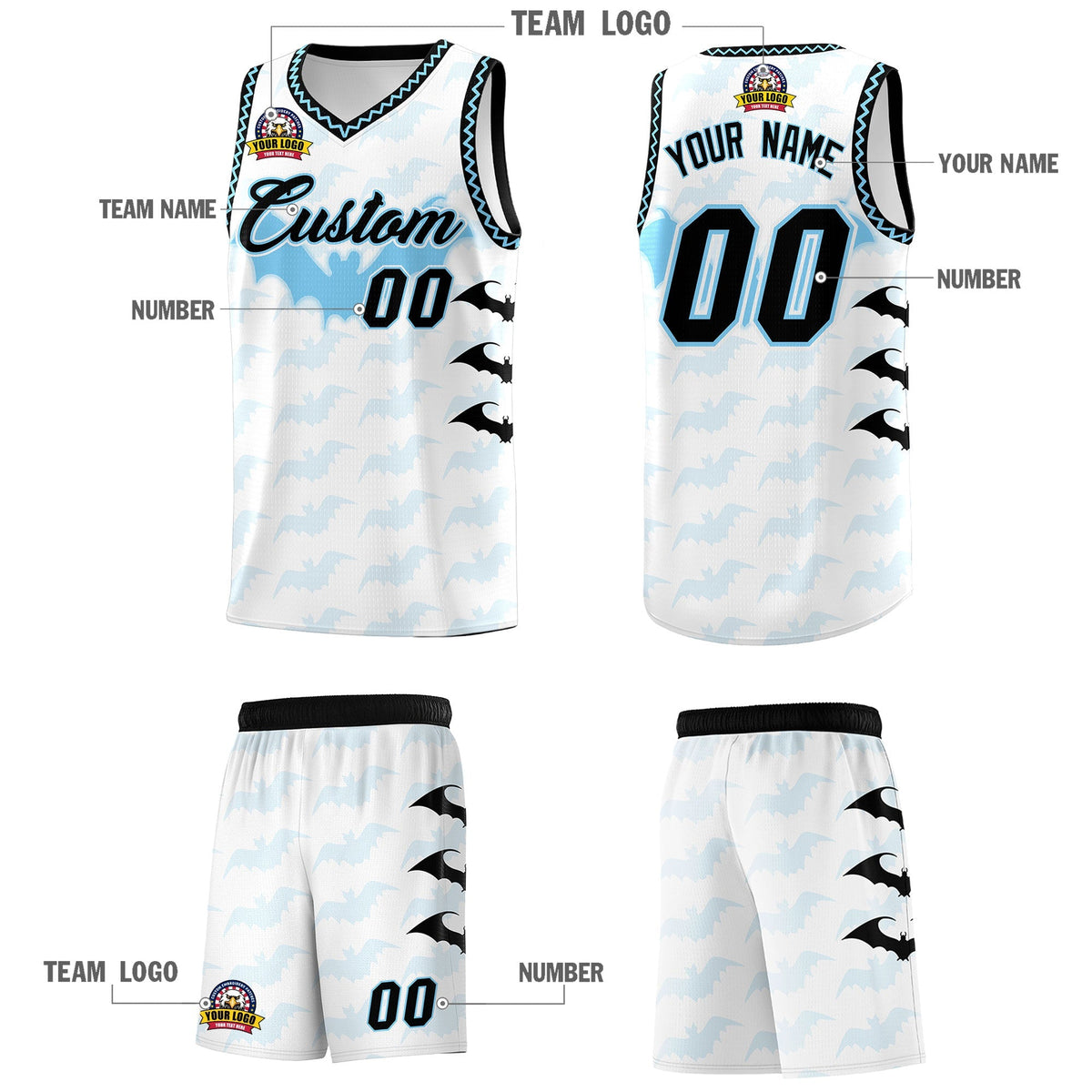 Custom White Light Blue Bat Pattern Halloween Basketball Jersey | For Men,For Kid,For Youth,Sublimation Printed,Perfect for Training,Perfect for Parties,Add Name and Numbern | KXKSHOP
