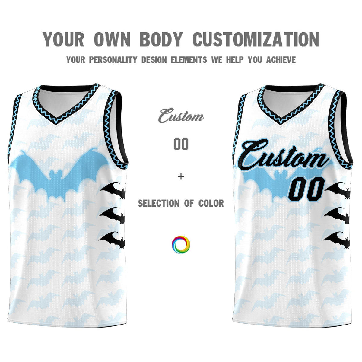 Custom White Light Blue Bat Pattern Halloween Basketball Jersey | For Men,For Kid,For Youth,Sublimation Printed,Perfect for Training,Perfect for Parties,Add Name and Numbern | KXKSHOP