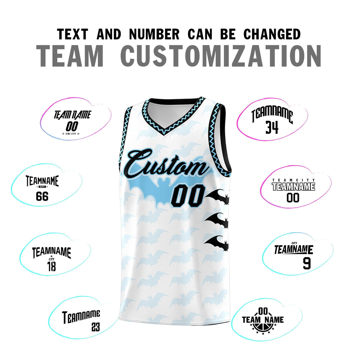 Custom White Light Blue Bat Pattern Halloween Basketball Jersey | For Men,For Kid,For Youth,Sublimation Printed,Perfect for Training,Perfect for Parties,Add Name and Numbern | KXKSHOP