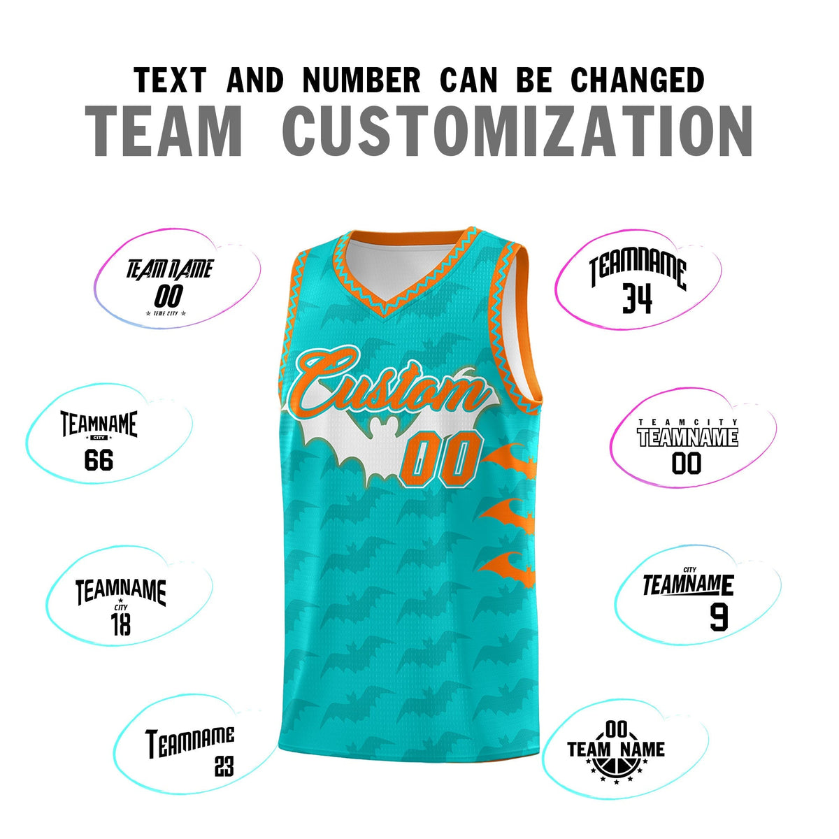 Custom Aqua Orange Bat Pattern Halloween Basketball Jersey | For Men,For Kid,For Youth,Sublimation Printed,Perfect for Training,Perfect for Parties,Add Name and Numbern | KXKSHOP