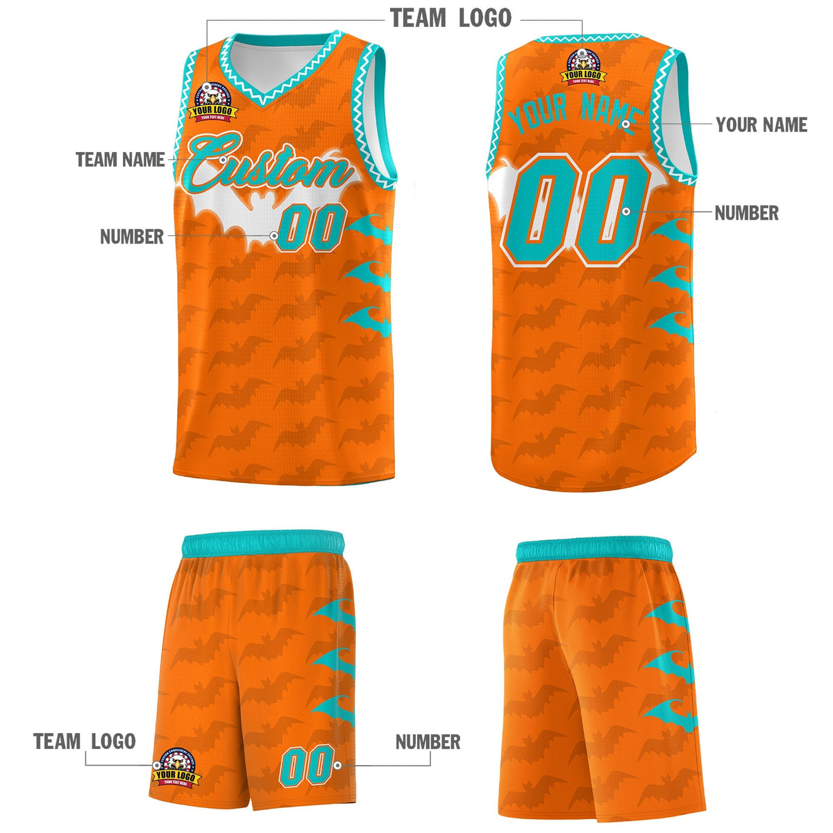 Custom Orange Aqua Bat Pattern Halloween Basketball Jersey | For Men,For Kid,For Youth,Sublimation Printed,Perfect for Training,Perfect for Parties,Add Name and Numbern | KXKSHOP