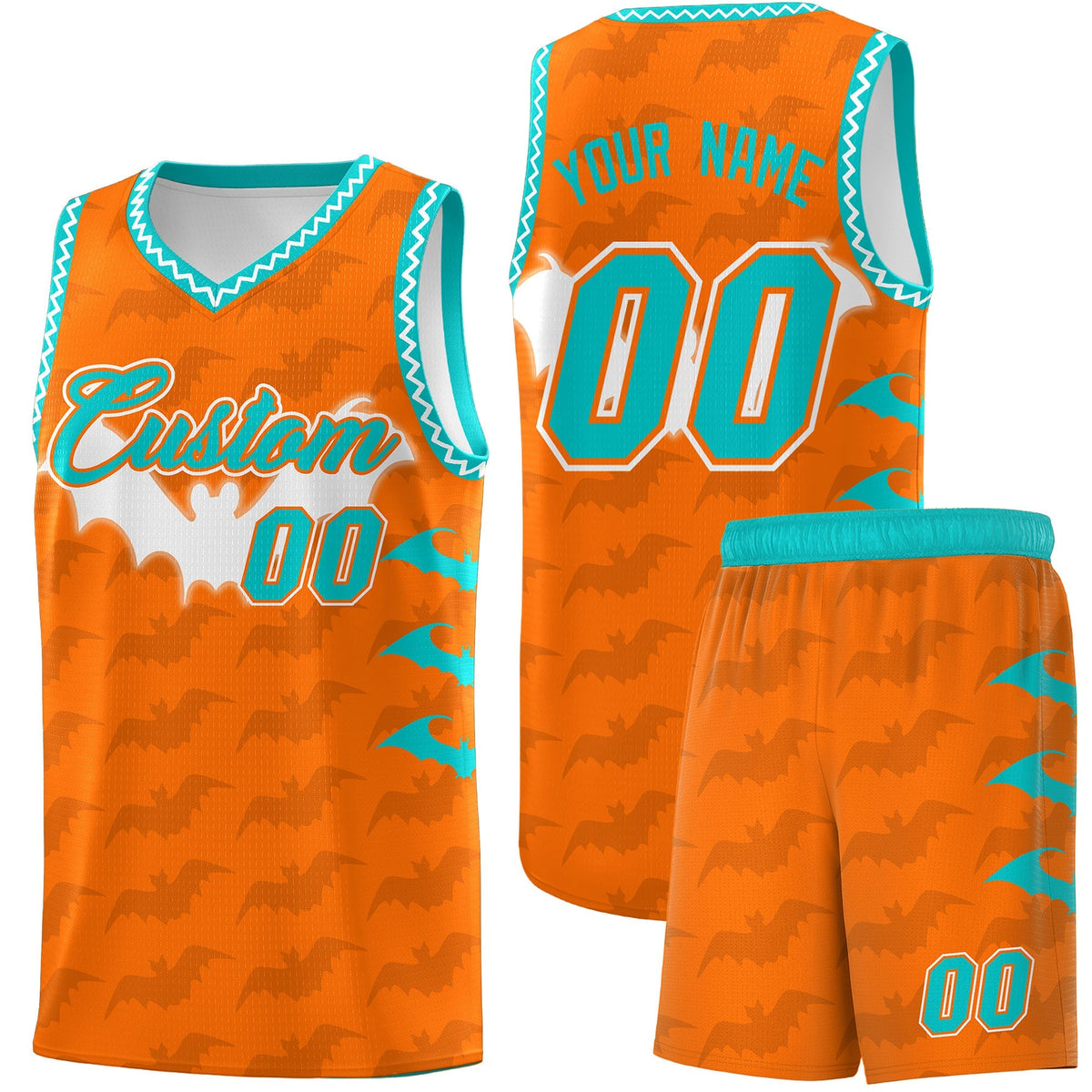Custom Orange Aqua Bat Pattern Halloween Basketball Jersey | For Men,For Kid,For Youth,Sublimation Printed,Perfect for Training,Perfect for Parties,Add Name and Numbern | KXKSHOP