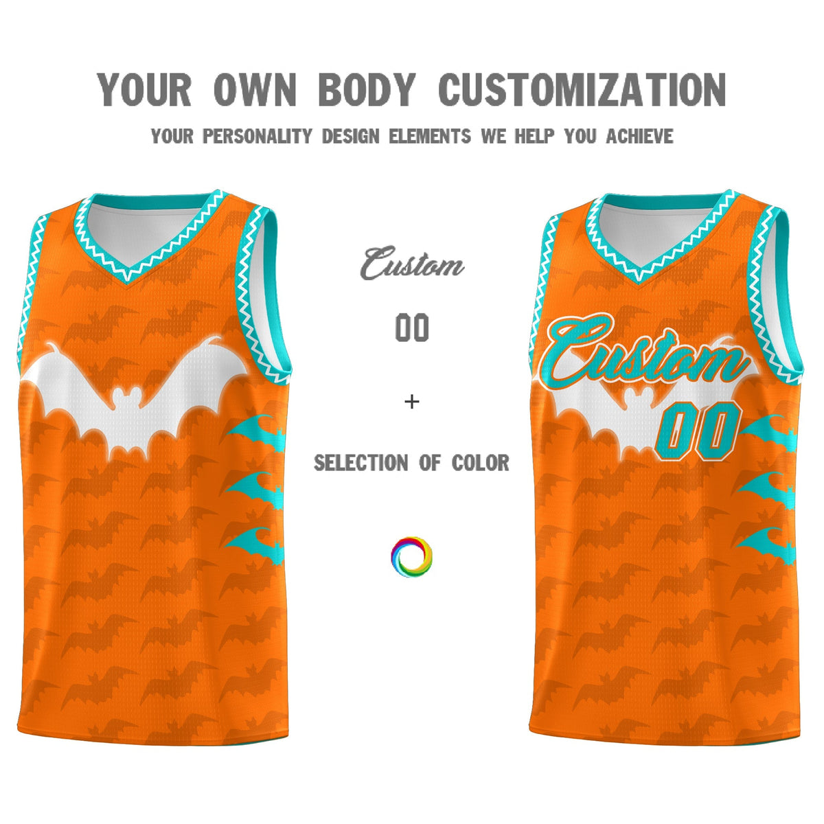 Custom Orange Aqua Bat Pattern Halloween Basketball Jersey | For Men,For Kid,For Youth,Sublimation Printed,Perfect for Training,Perfect for Parties,Add Name and Numbern | KXKSHOP