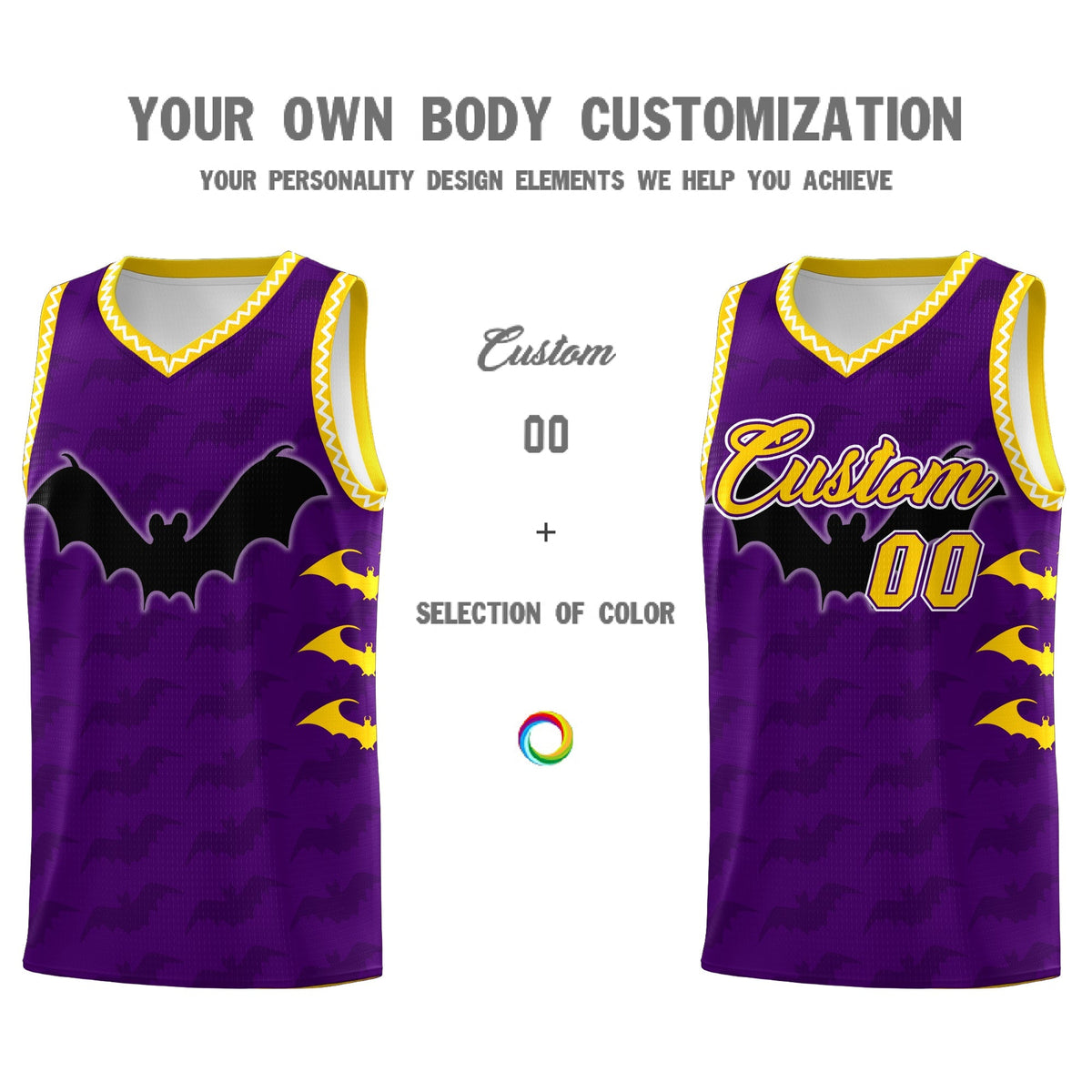 Custom Purple Gold White Bat Pattern Halloween Basketball Jersey | For Men,For Kid,For Youth,Sublimation Printed,Perfect for Training,Perfect for Parties,Add Name and Numbern | KXKSHOP