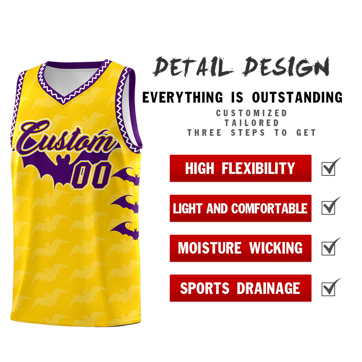 Custom Gold White Purple Bat Pattern Halloween Basketball Jersey | For Men,For Kid,For Youth,Sublimation Printed,Perfect for Training,Perfect for Parties,Add Name and Numbern | KXKSHOP