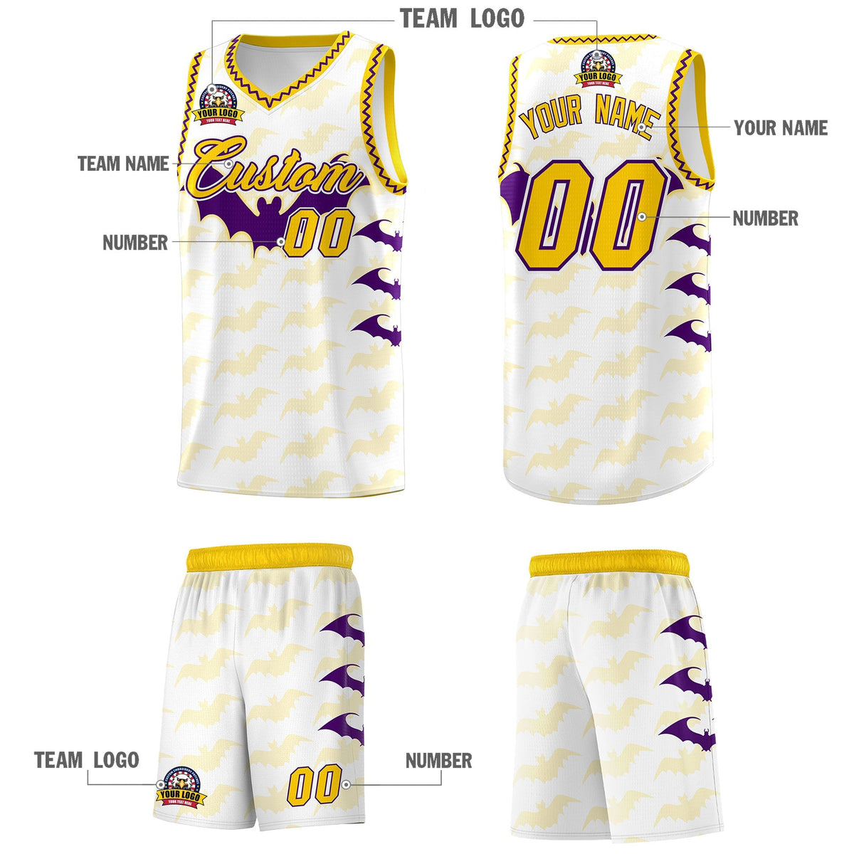 Custom White Purple Gold Bat Pattern Halloween Basketball Jersey | For Men,For Kid,For Youth,Sublimation Printed,Perfect for Training,Perfect for Parties,Add Name and Numbern | KXKSHOP