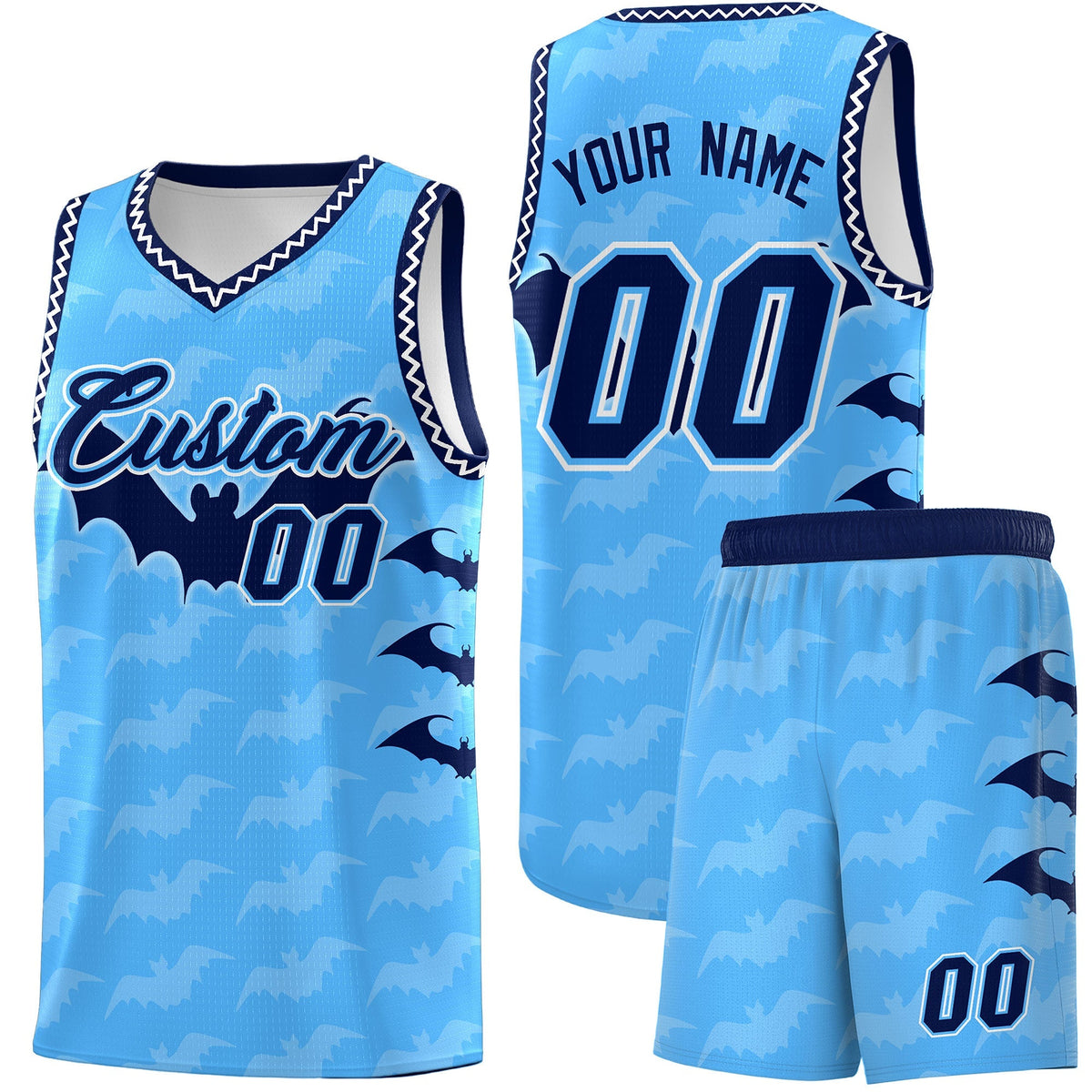 Custom Powder Blue White Bat Pattern Halloween Basketball Jersey | For Men,For Kid,For Youth,Sublimation Printed,Perfect for Training,Perfect for Parties,Add Name and Numbern | KXKSHOP