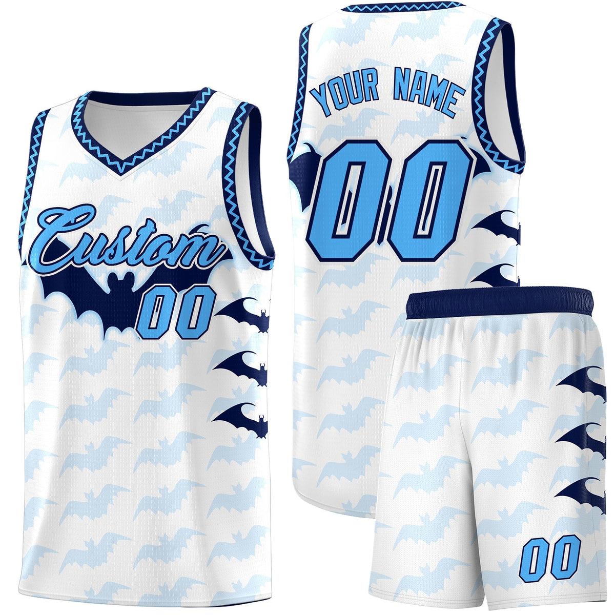 Custom White Powder Blue Bat Pattern Halloween Basketball Jersey | For Men,For Kid,For Youth,Sublimation Printed,Perfect for Training,Perfect for Parties,Add Name and Numbern | KXKSHOP