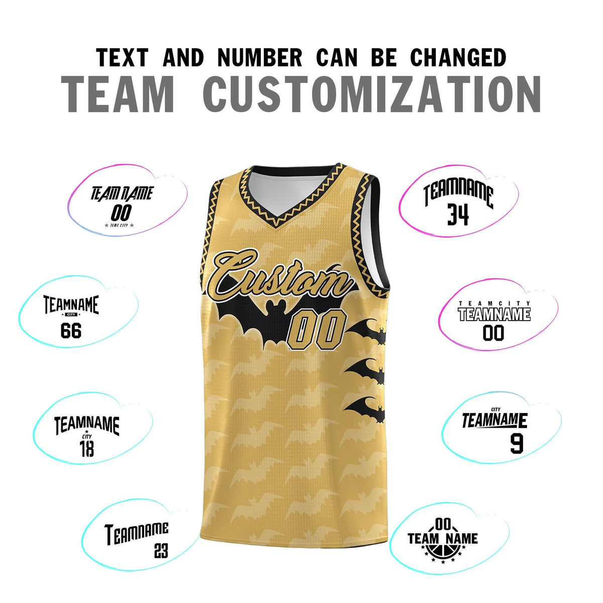 Custom Old Gold Black White Bat Pattern Halloween Basketball Jersey | For Men,For Kid,For Youth,Sublimation Printed,Perfect for Training,Perfect for Parties,Add Name and Numbern | KXKSHOP