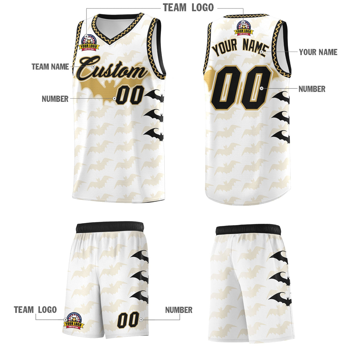 Custom White Old Gold Bat Pattern Halloween Basketball Jersey | For Men,For Kid,For Youth,Sublimation Printed,Perfect for Training,Perfect for Parties,Add Name and Numbern | KXKSHOP