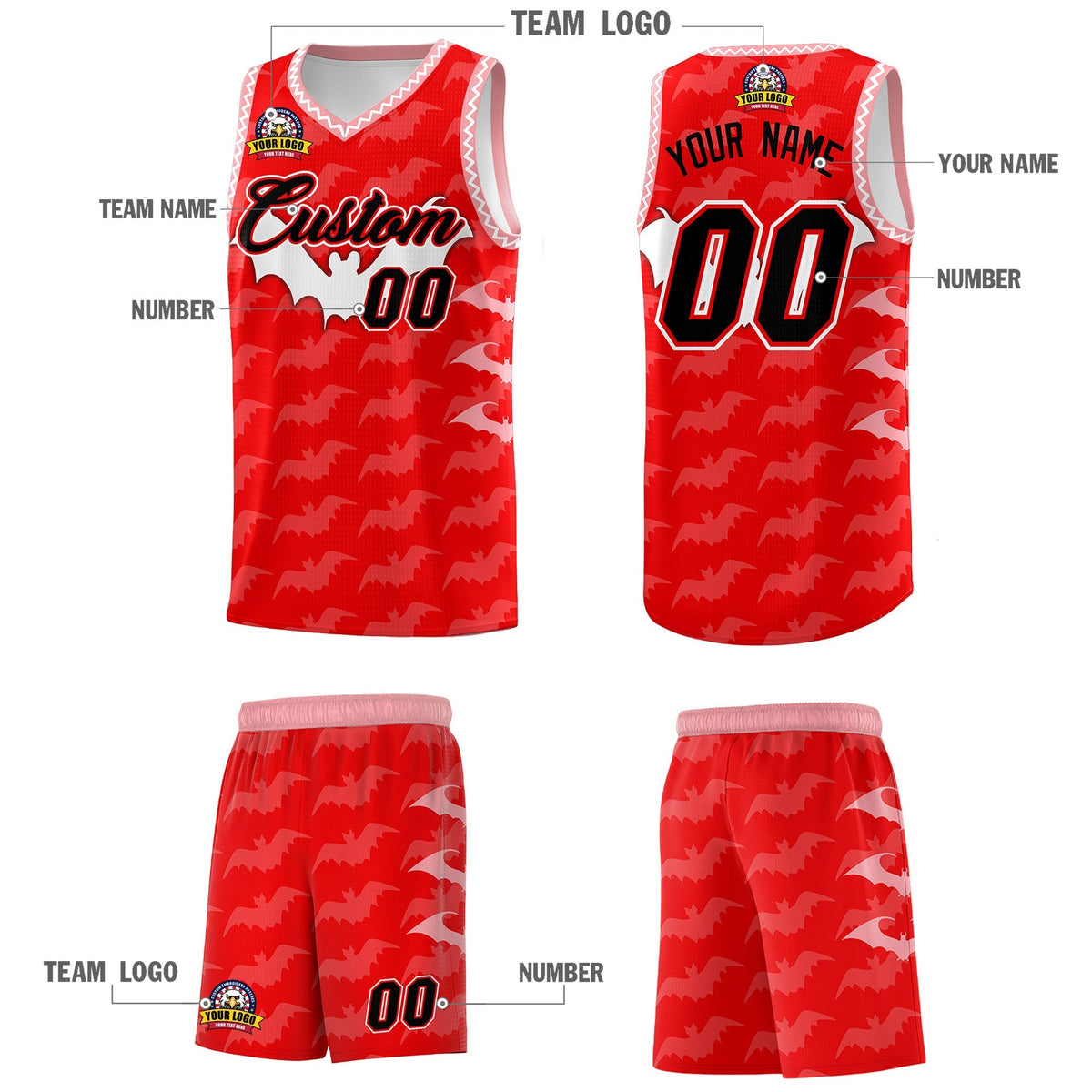 Custom Light Red White Bat Pattern Halloween Basketball Jersey | For Men,For Kid,For Youth,Sublimation Printed,Perfect for Training,Perfect for Parties,Add Name and Numbern | KXKSHOP