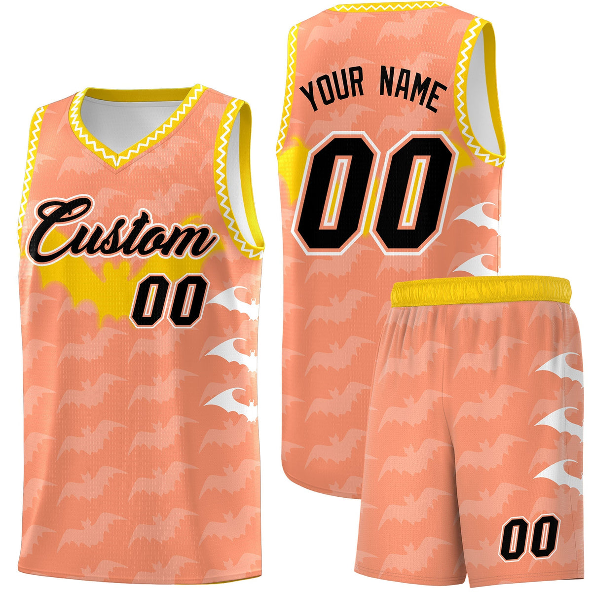 Custom Light Orange White Bat Pattern Halloween Basketball Jersey | For Men,For Kid,For Youth,Sublimation Printed,Perfect for Training,Perfect for Parties,Add Name and Numbern | KXKSHOP