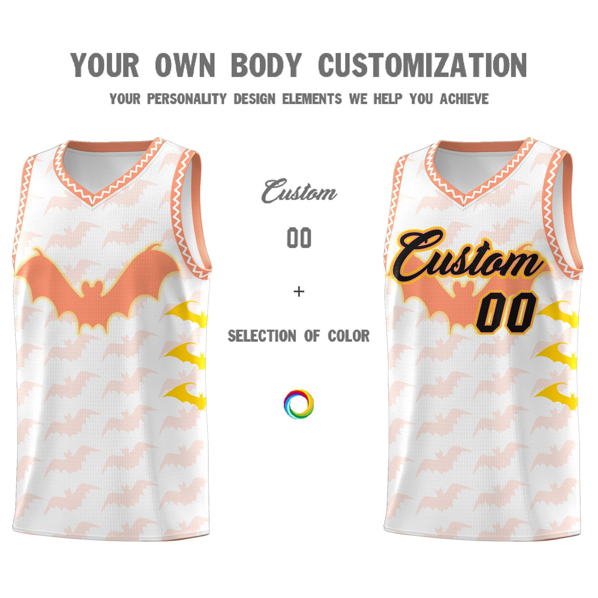 Custom White Gold Light Orange Bat Pattern Halloween Basketball Jersey | For Men,For Kid,For Youth,Sublimation Printed,Perfect for Training,Perfect for Parties,Add Name and Numbern | KXKSHOP