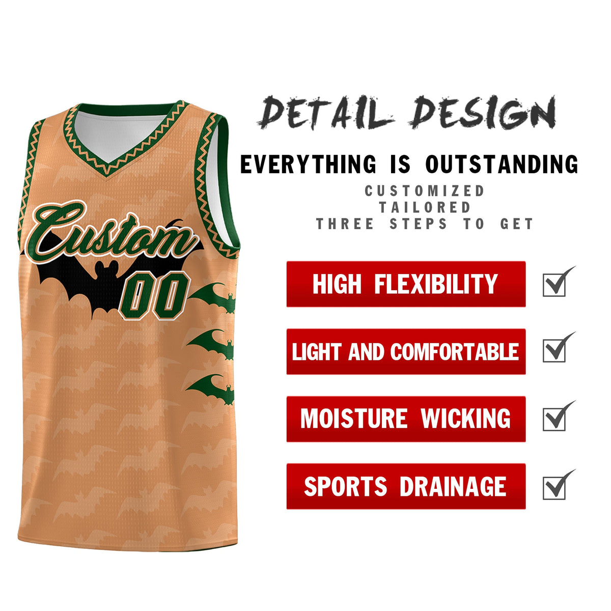 Custom Buckskin Brown Bat Pattern Halloween Basketball Jersey | For Men,For Kid,For Youth,Sublimation Printed,Perfect for Training,Perfect for Parties,Add Name and Numbern | KXKSHOP