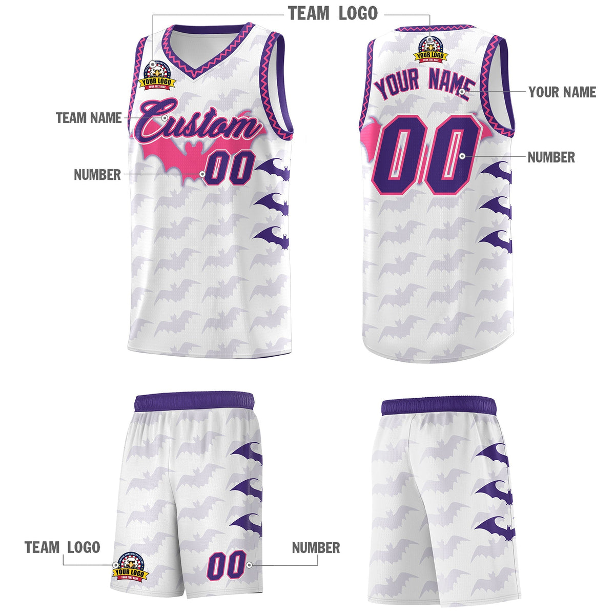 Custom White Pink Purple Bat Pattern Halloween Basketball Jersey | For Men,For Kid,For Youth,Sublimation Printed,Perfect for Training,Perfect for Parties,Add Name and Numbern | KXKSHOP