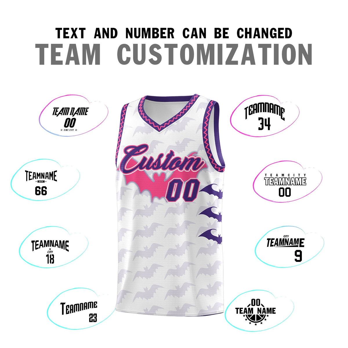 Custom White Pink Purple Bat Pattern Halloween Basketball Jersey | For Men,For Kid,For Youth,Sublimation Printed,Perfect for Training,Perfect for Parties,Add Name and Numbern | KXKSHOP