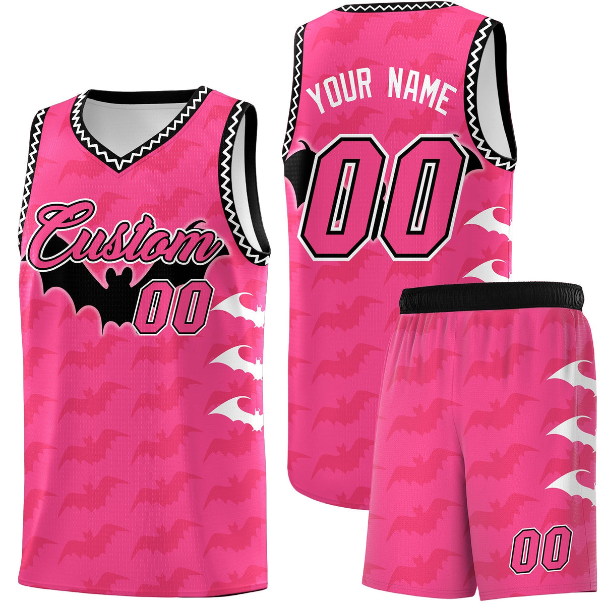 Custom Pink Black White Bat Pattern Halloween Basketball Jersey | For Men,For Kid,For Youth,Sublimation Printed,Perfect for Training,Perfect for Parties,Add Name and Numbern | KXKSHOP