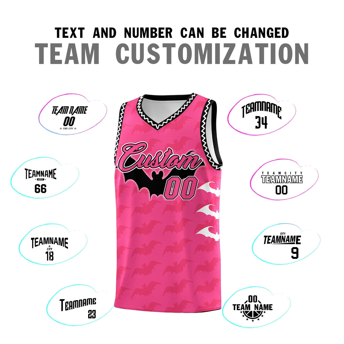 Custom Pink Black White Bat Pattern Halloween Basketball Jersey | For Men,For Kid,For Youth,Sublimation Printed,Perfect for Training,Perfect for Parties,Add Name and Numbern | KXKSHOP