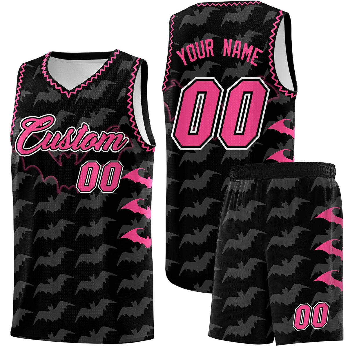 Custom Black Pink Bat Pattern Halloween Basketball Jersey | For Men,For Kid,For Youth,Sublimation Printed,Perfect for Training,Perfect for Parties,Add Name and Numbern | KXKSHOP