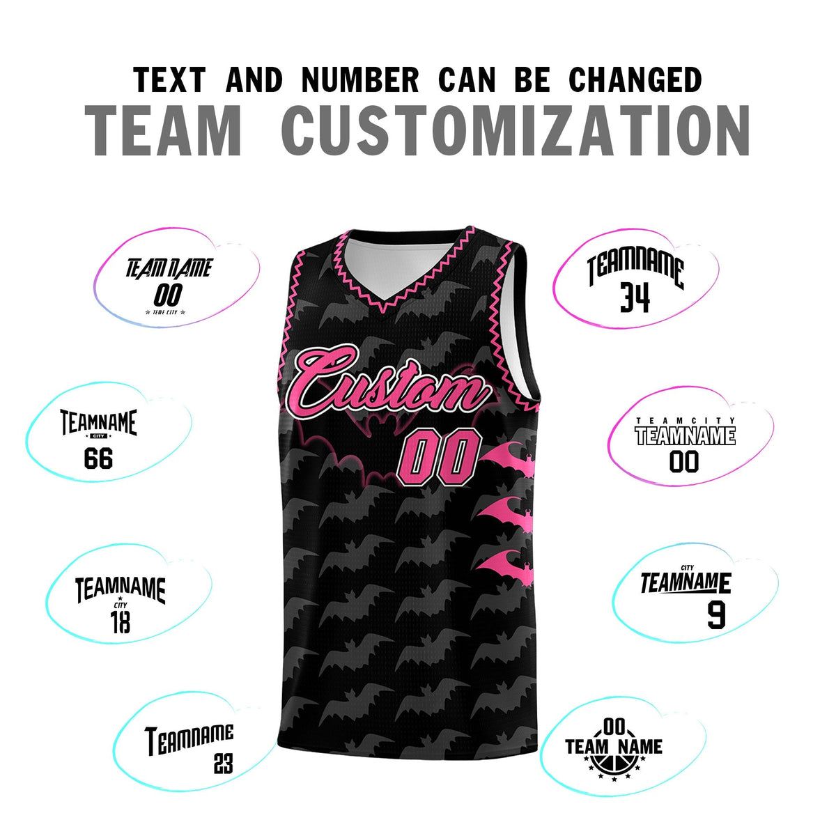 Custom Black Pink Bat Pattern Halloween Basketball Jersey | For Men,For Kid,For Youth,Sublimation Printed,Perfect for Training,Perfect for Parties,Add Name and Numbern | KXKSHOP