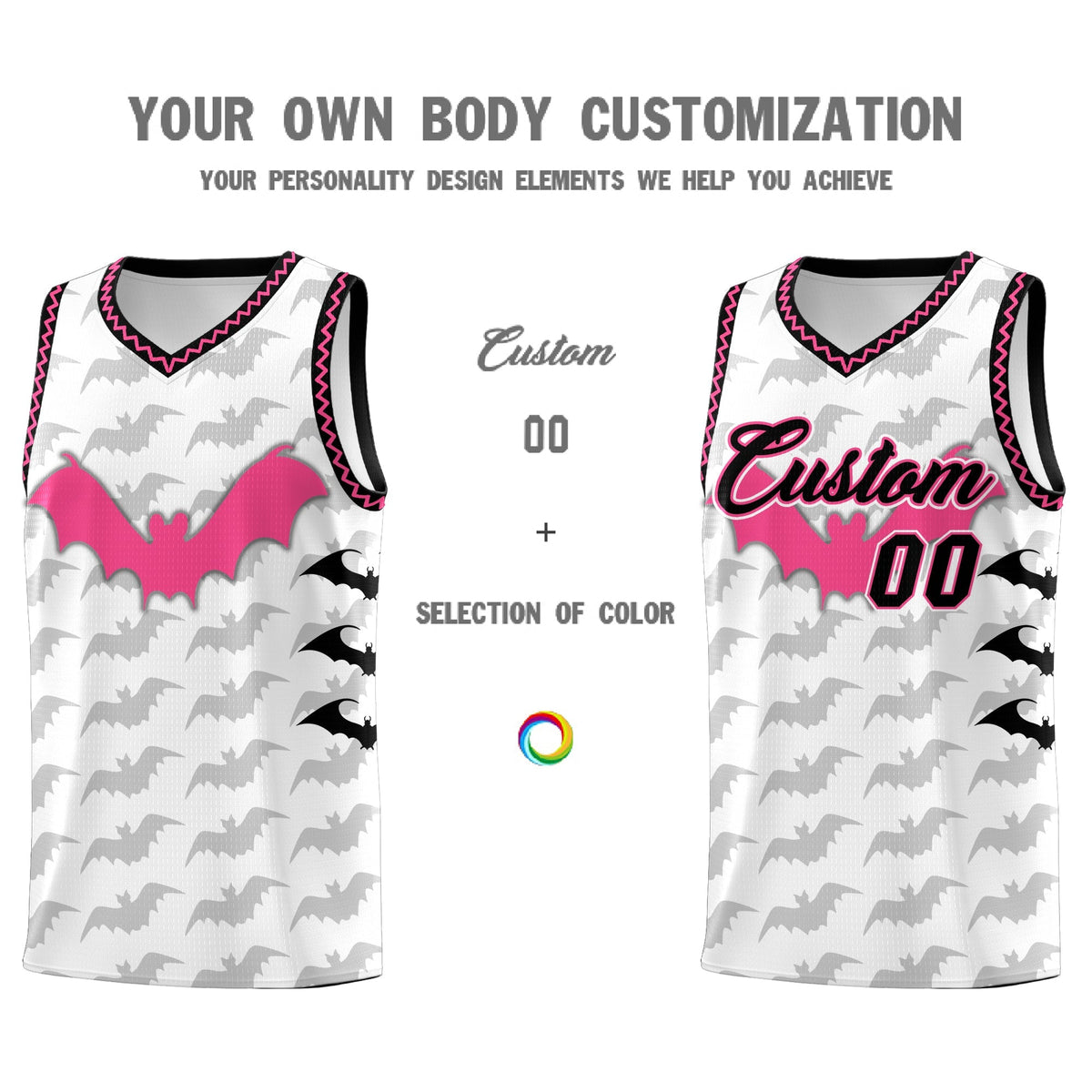 Custom White Black Pink Bat Pattern Halloween Basketball Jersey | For Men,For Kid,For Youth,Sublimation Printed,Perfect for Training,Perfect for Parties,Add Name and Numbern | KXKSHOP