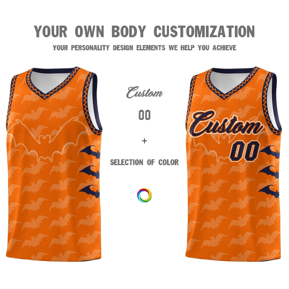 Custom Orange Navy White Bat Pattern Halloween Basketball Jersey | For Men,For Kid,For Youth,Sublimation Printed,Perfect for Training,Perfect for Parties,Add Name and Numbern | KXKSHOP