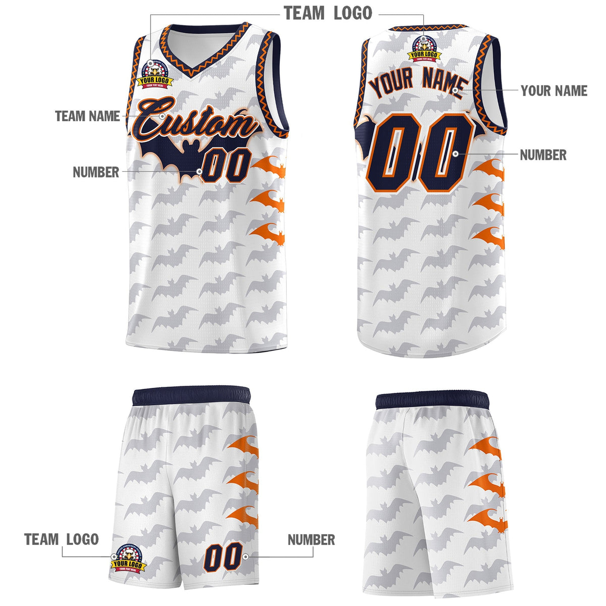 Custom White Orange Navy Bat Pattern Halloween Basketball Jersey | For Men,For Kid,For Youth,Sublimation Printed,Perfect for Training,Perfect for Parties,Add Name and Numbern | KXKSHOP