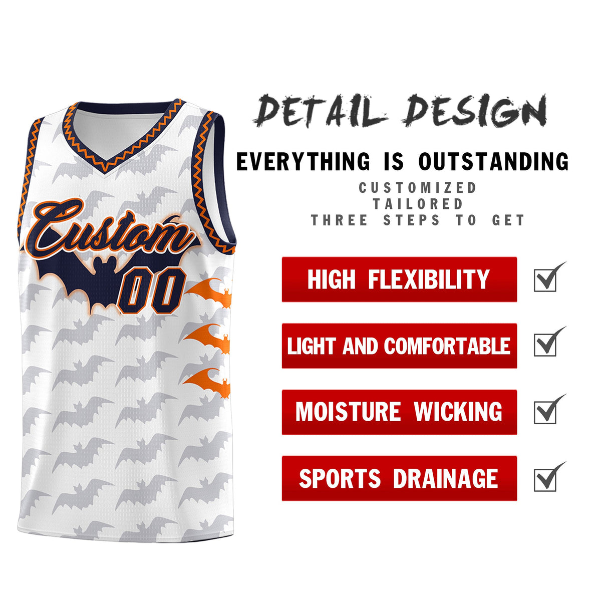 Custom White Orange Navy Bat Pattern Halloween Basketball Jersey | For Men,For Kid,For Youth,Sublimation Printed,Perfect for Training,Perfect for Parties,Add Name and Numbern | KXKSHOP